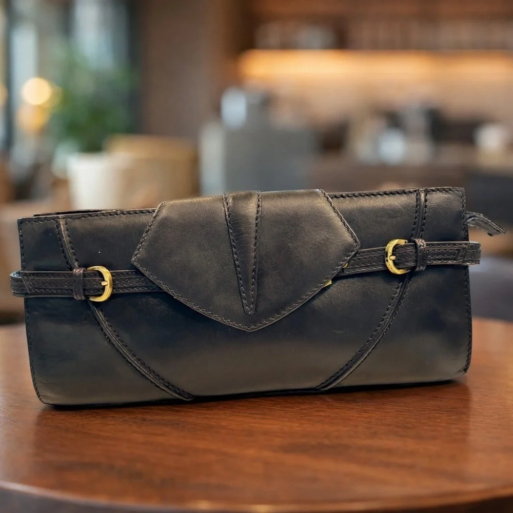 Via Spiga Leather Black Clutch with Gold Hardware.